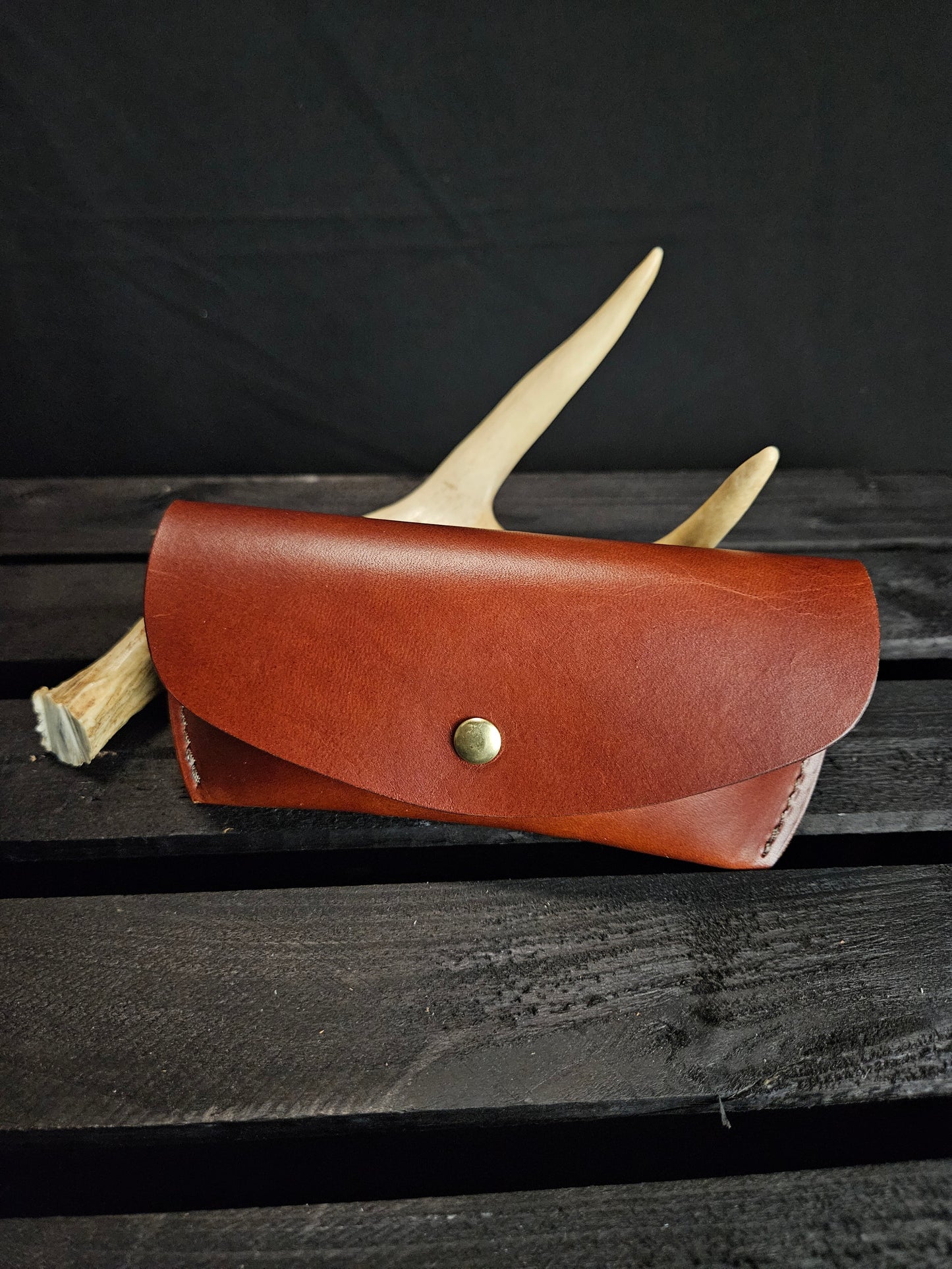 Glasses Case With Snap. Medium Brown English Bridle Leather. Brown Stitch. Brass Snap. #14