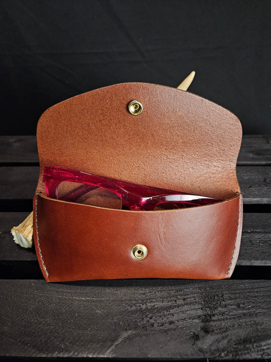 Glasses Case With Snap. Medium Brown English Bridle Leather. Brown Stitch. Brass Snap. #14