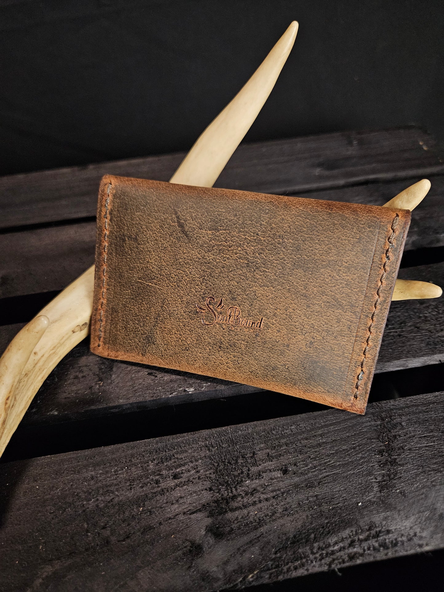 Snap Card Wallet. Brown Buffalo. Brown Stitch. Nickel Hardware. #43