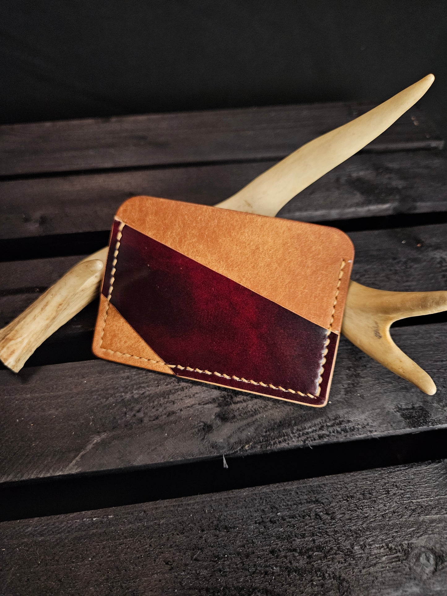 Gomer Card Wallet. Tan Pueblo Leather. Dark Red Pocket. Tan Stitch. #25