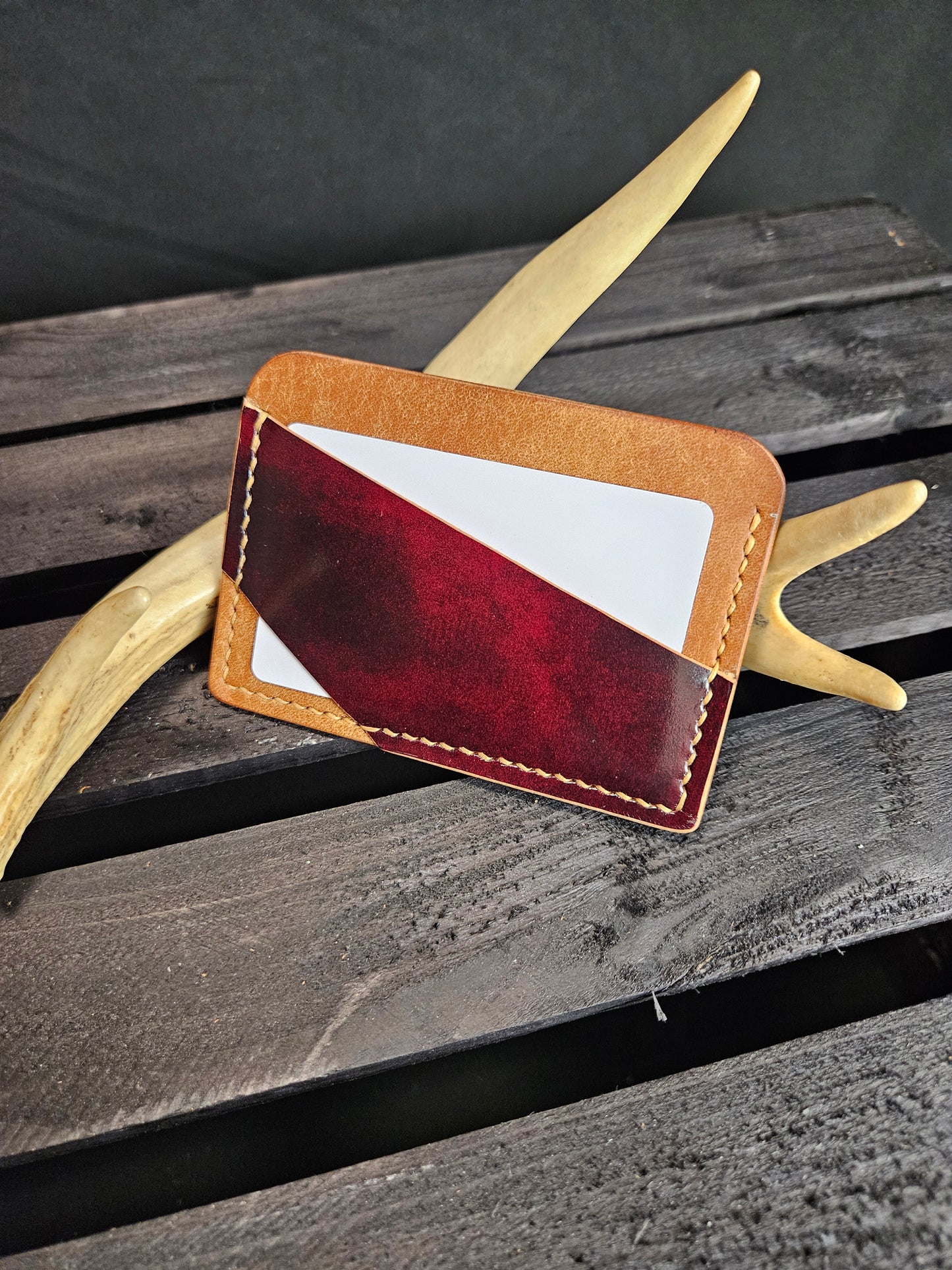 Gomer Card Wallet. Tan Pueblo Leather. Dark Red Pocket. Tan Stitch. #25