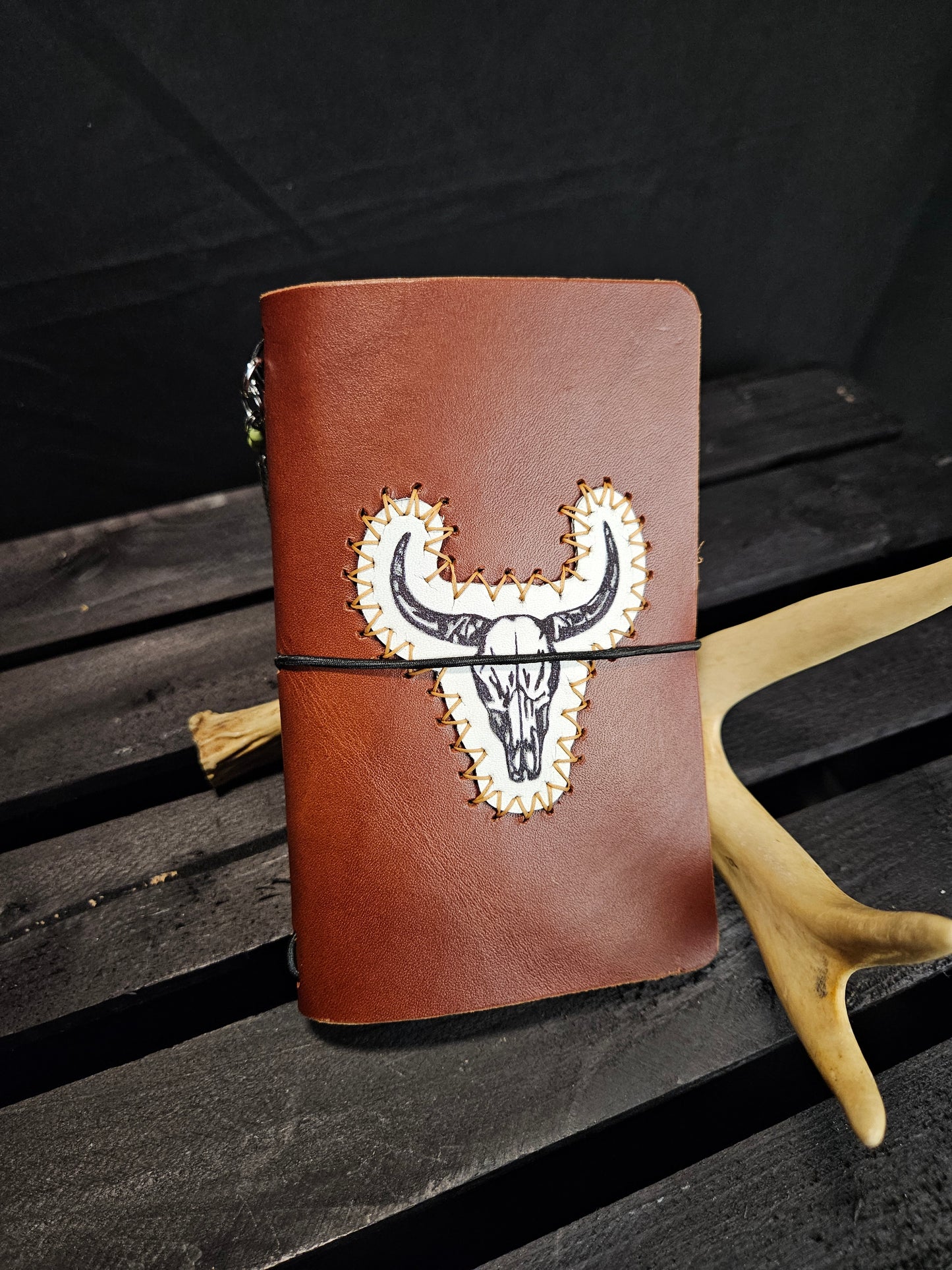 Cow Skull Midori Journal Medium Brown English Bridle. Tan Stitch #50