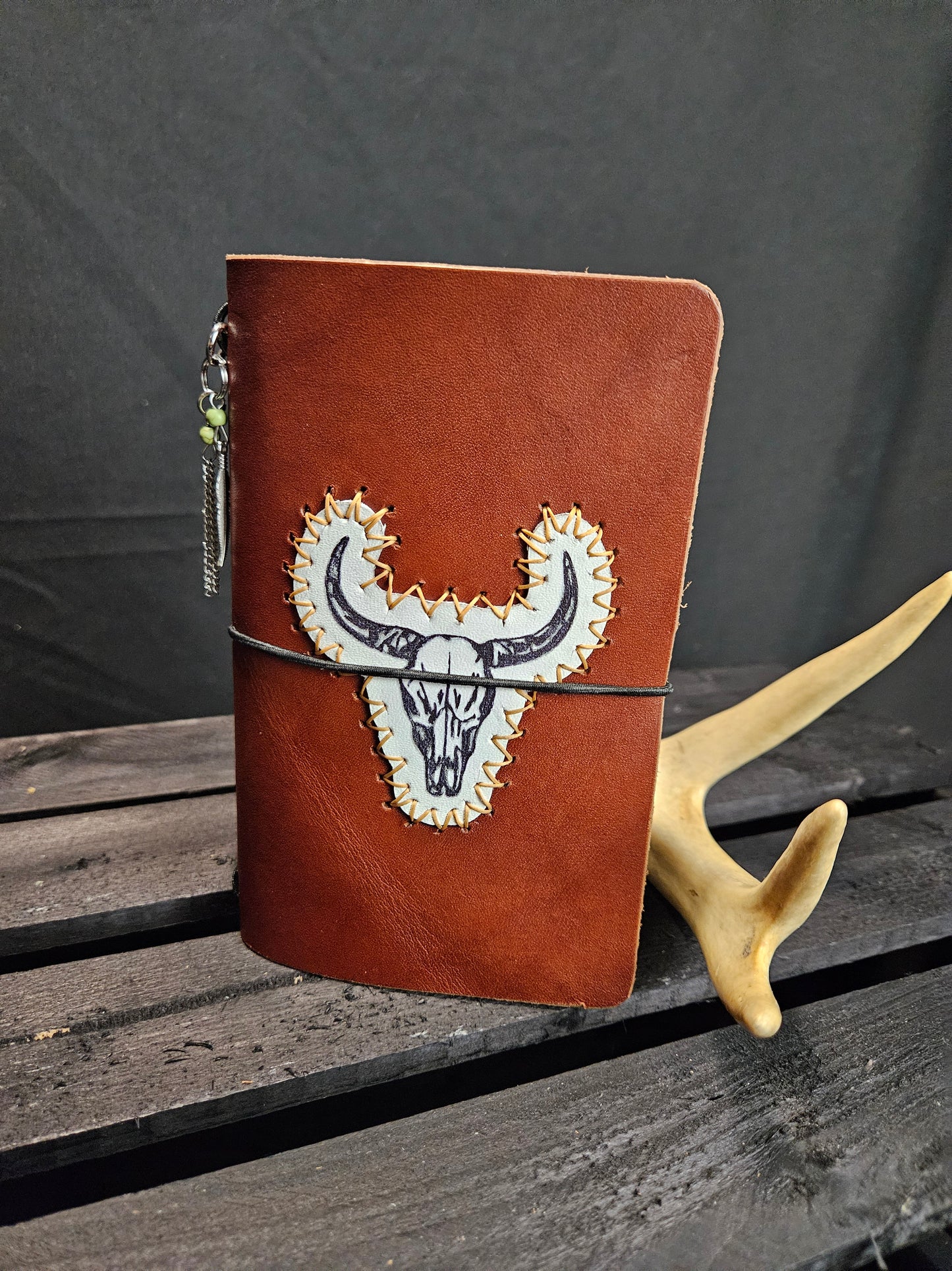 Cow Skull Midori Journal Medium Brown English Bridle. Tan Stitch #50