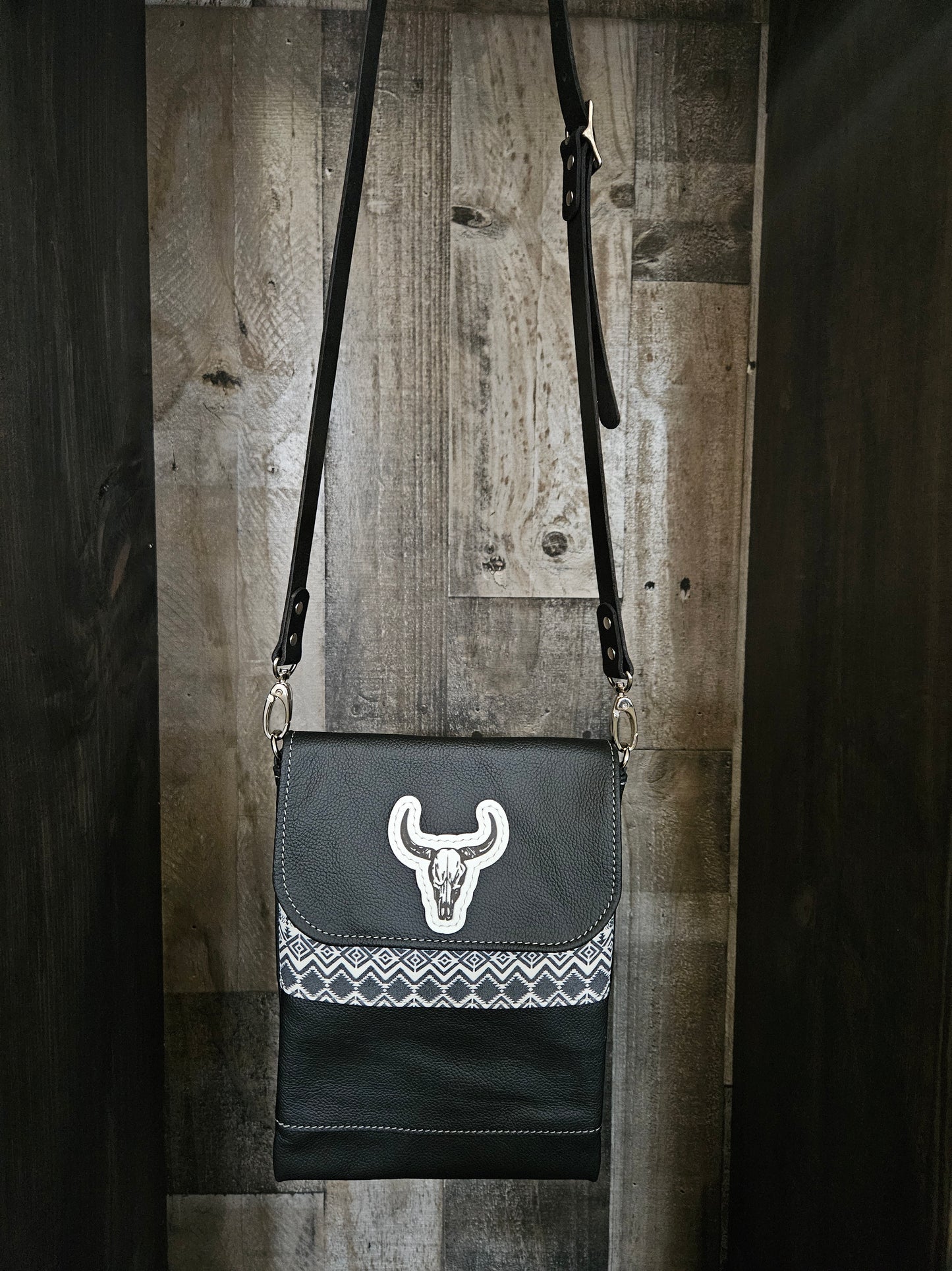 Black And White Aztec With Cowskull Patch. Crossbody. Festival Bag. Small #51