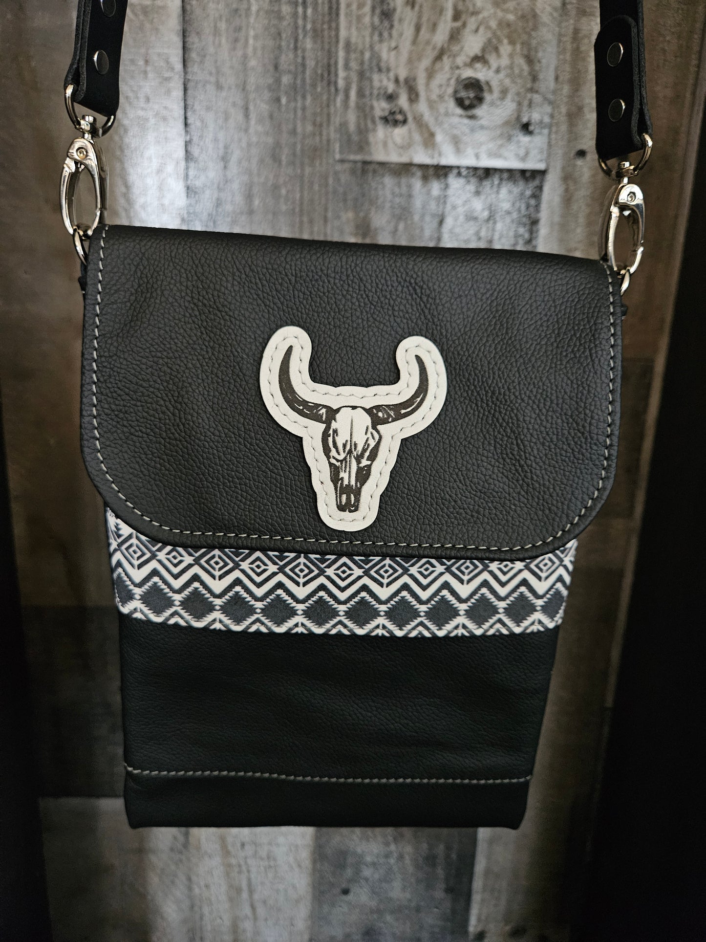 Black And White Aztec With Cowskull Patch. Crossbody. Festival Bag. Small #51