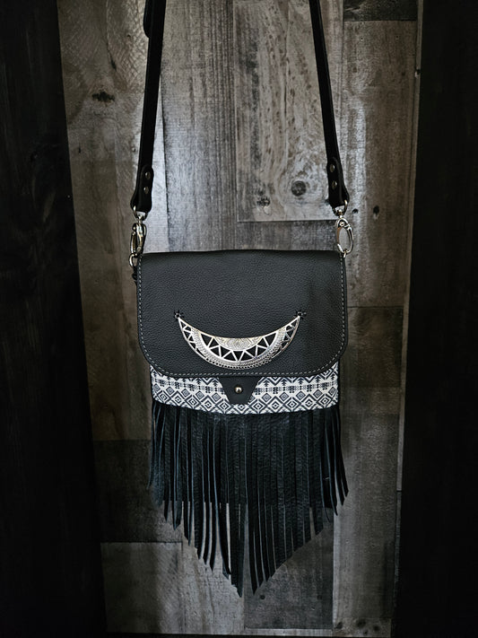 Black Leather Aztec Crossbody With Fringe. Festival Bag. #54