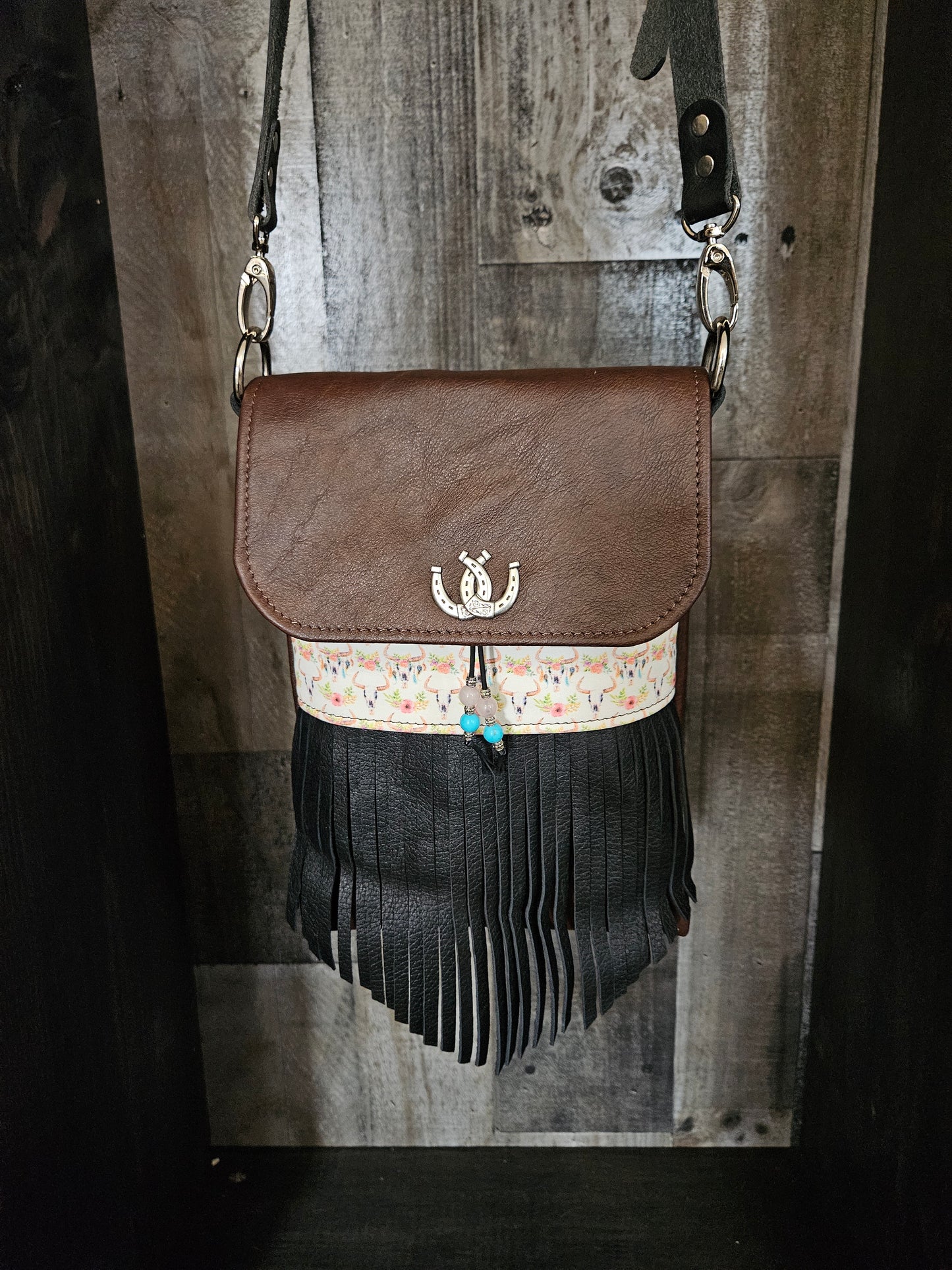 Brown Leather Crossbody Bag with Fringe. Boho Cow Skulls. Festival Bag. #52