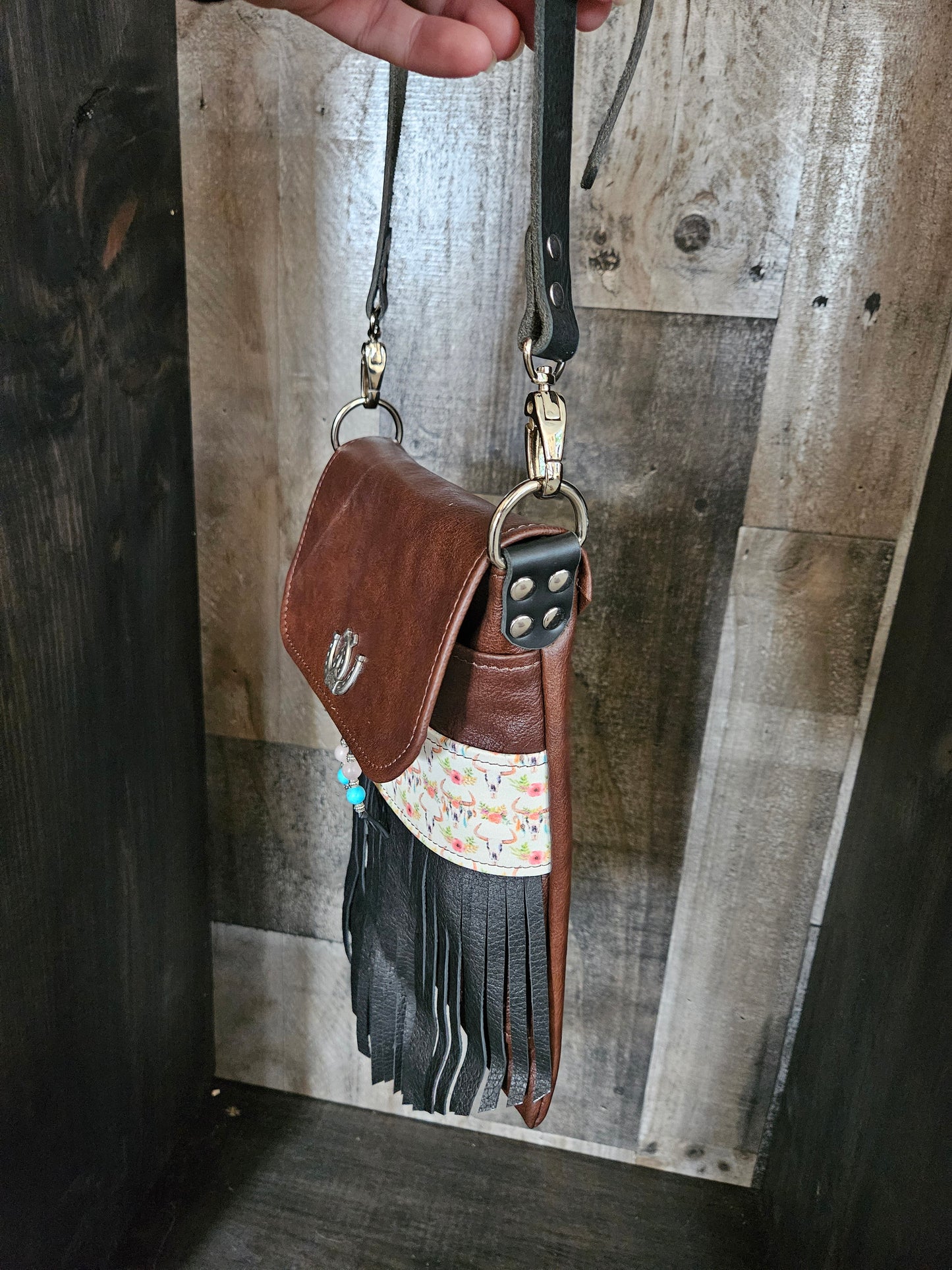 Brown Leather Crossbody Bag with Fringe. Boho Cow Skulls. Festival Bag. #52