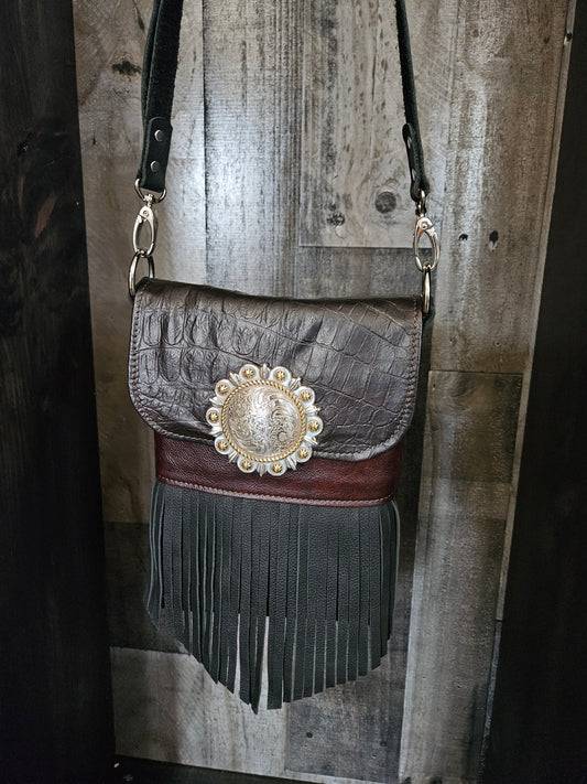 Embossed Leather Crossbody Bag With Fring. Large Concho. Festival Bag  #53