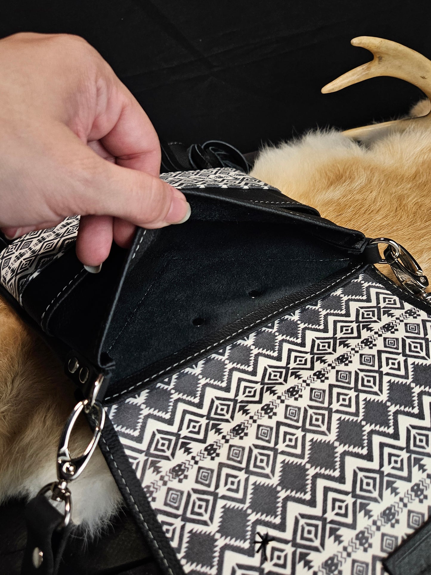 Black Leather Aztec Crossbody With Fringe. Festival Bag. #54