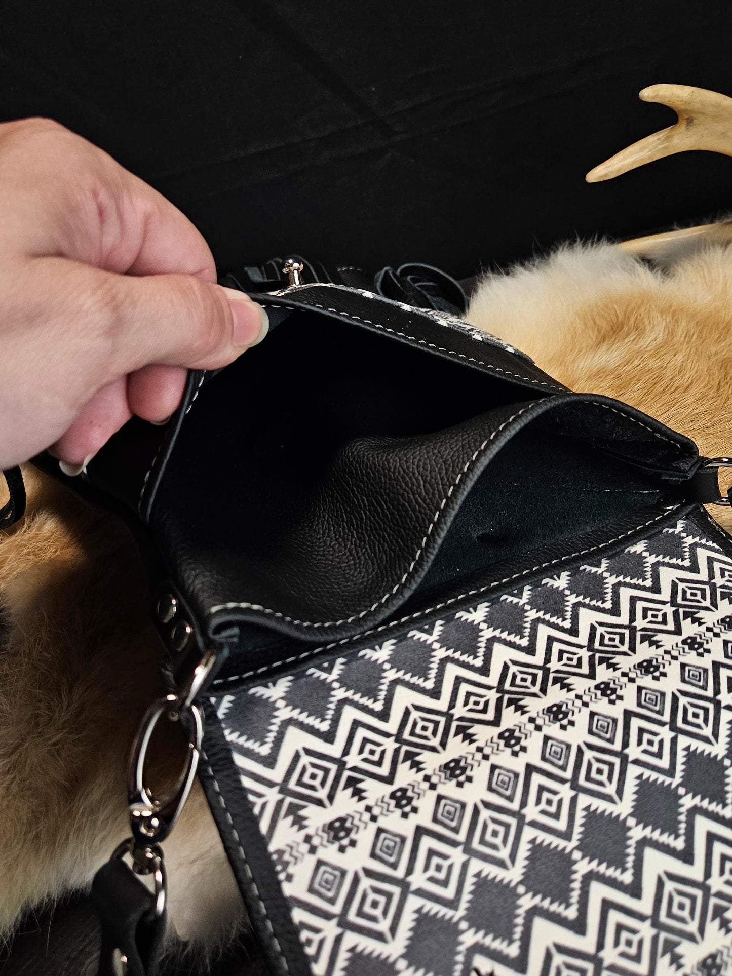 Black Leather Aztec Crossbody With Fringe. Festival Bag. #54