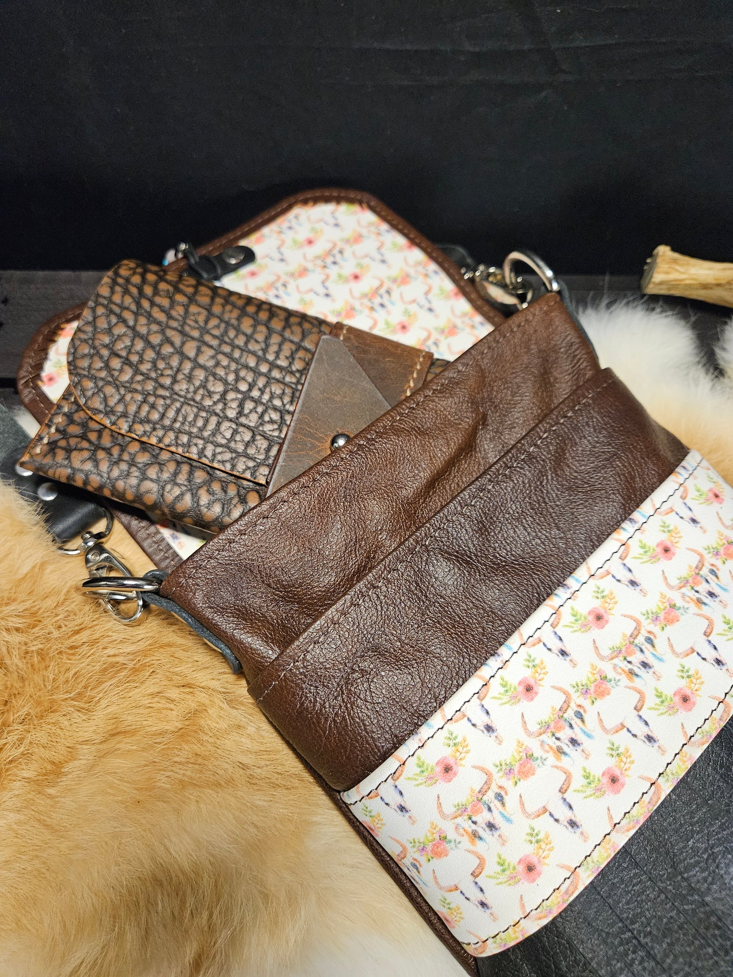 Brown Leather Crossbody Bag with Fringe. Boho Cow Skulls. Festival Bag. #52