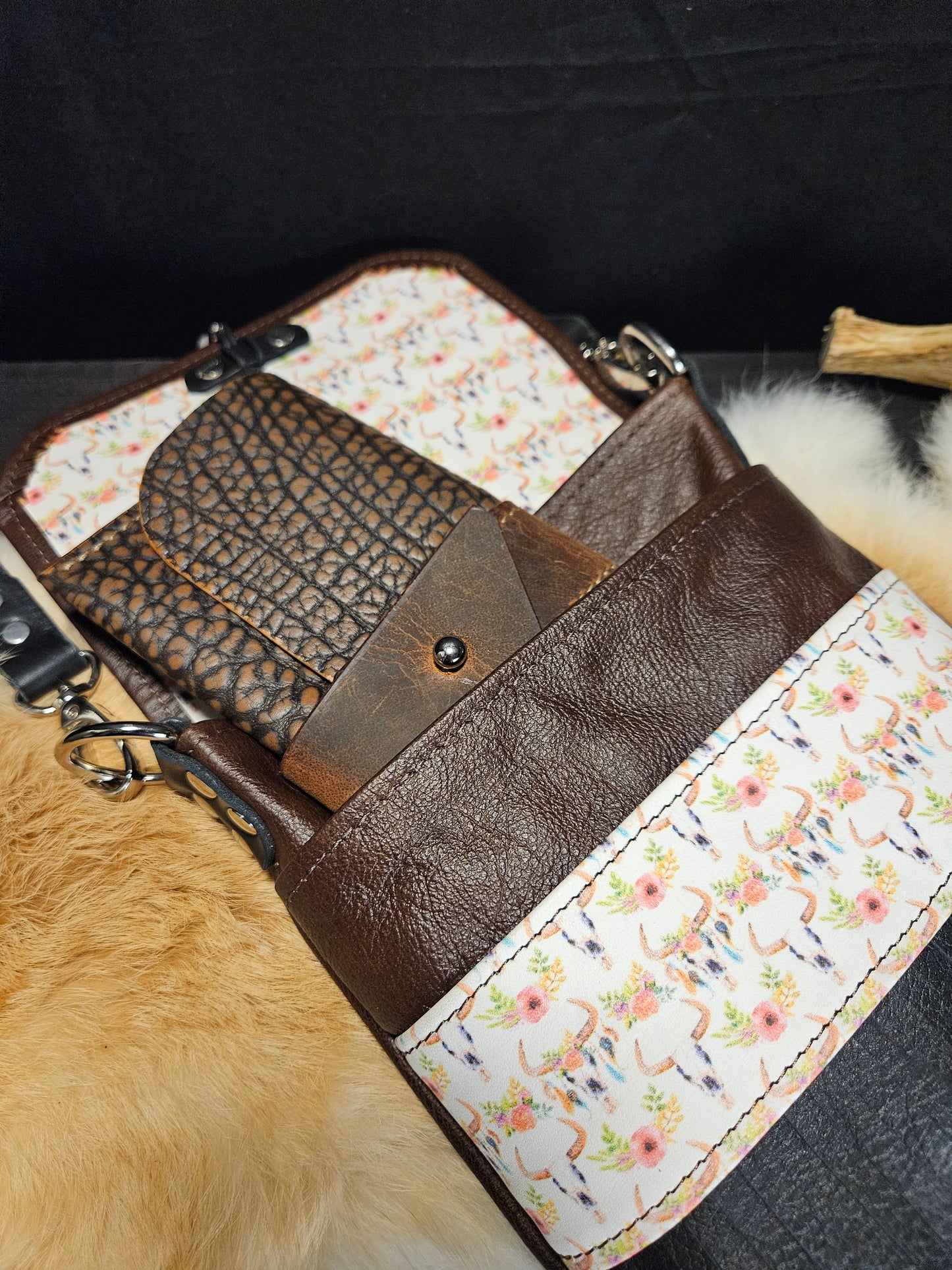 Brown Leather Crossbody Bag with Fringe. Boho Cow Skulls. Festival Bag. #52