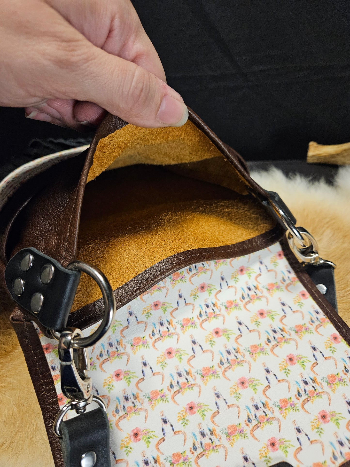 Brown Leather Crossbody Bag with Fringe. Boho Cow Skulls. Festival Bag. #52