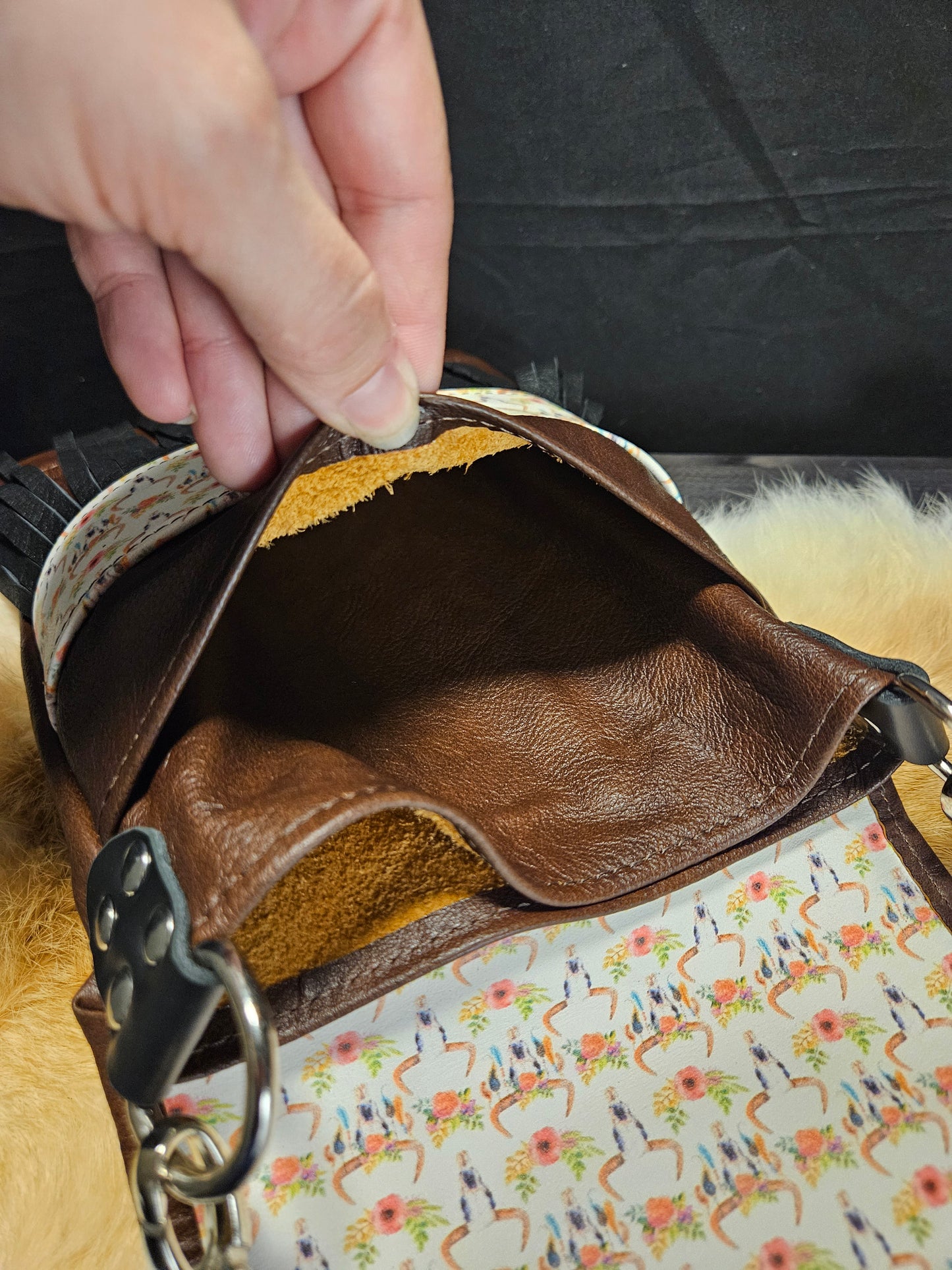 Brown Leather Crossbody Bag with Fringe. Boho Cow Skulls. Festival Bag. #52