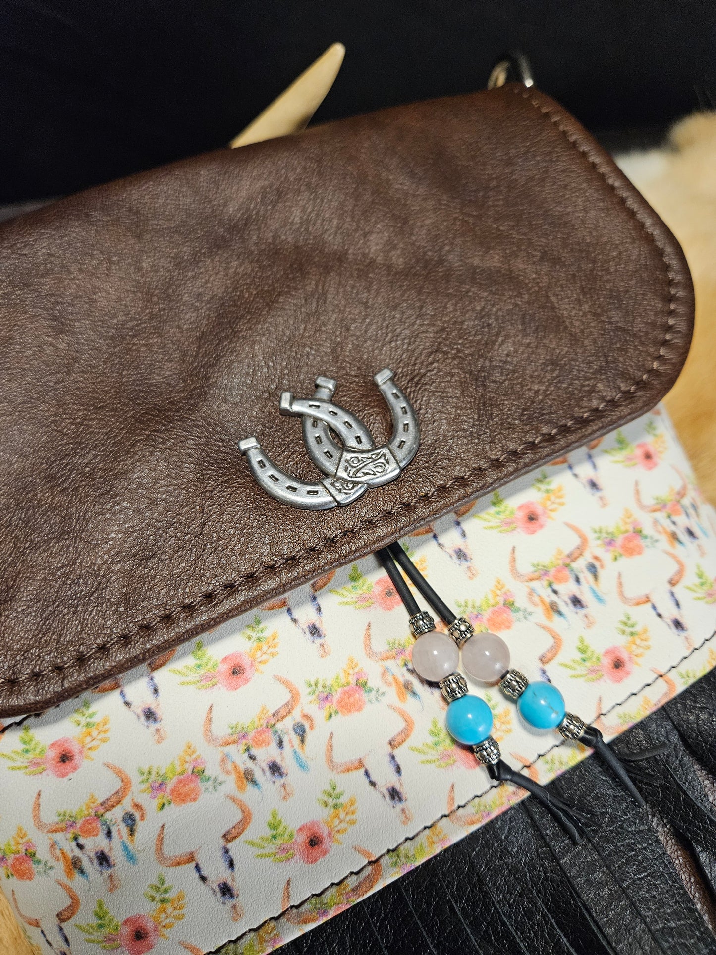 Brown Leather Crossbody Bag with Fringe. Boho Cow Skulls. Festival Bag. #52