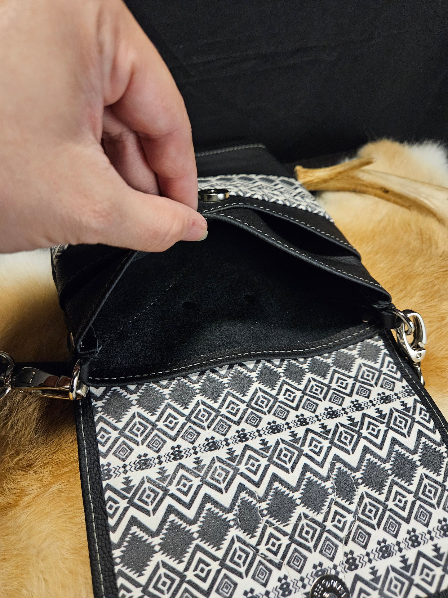 Black And White Aztec With Cowskull Patch. Crossbody. Festival Bag. Small #51