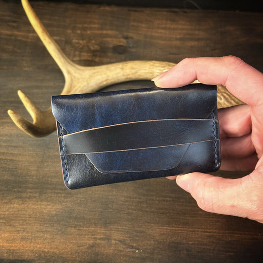 The Hunter Card Wallet Horizontal. Mottled Blue. Blue Stitch #100