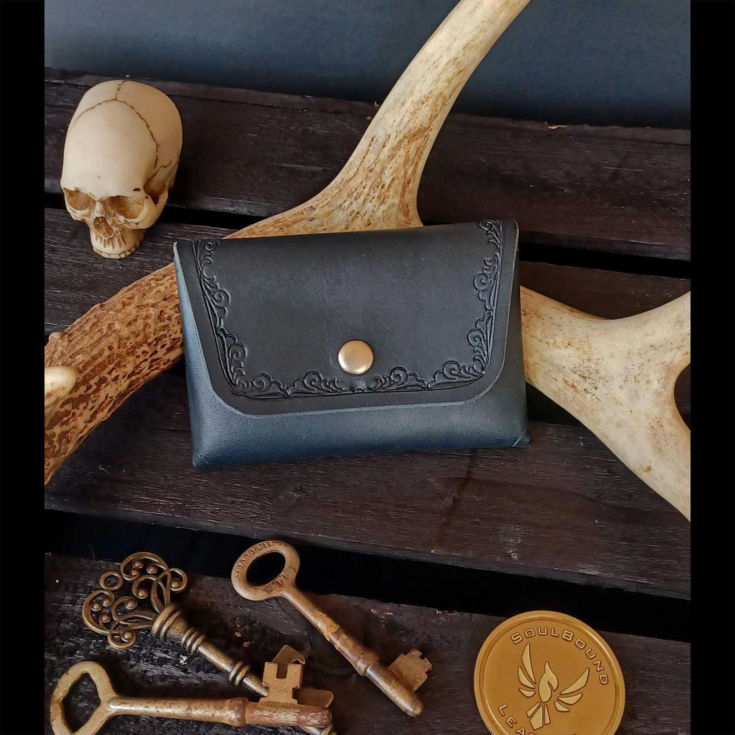 Folded Fate Wallet. Navy Blue. Border Stamp. 204