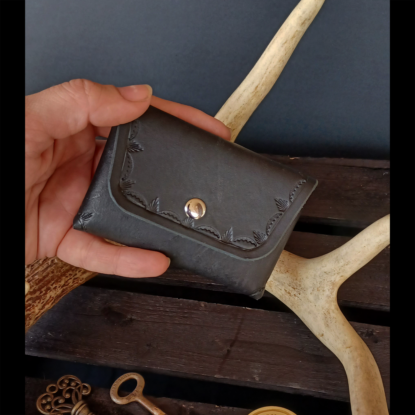 Folded Fate Wallet. Navy Blue. Border Stamp. 204
