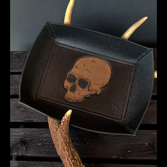 Boneyards EDC Tray. Black with Hand-Drawn Skull. Hand-Tooled and Hand-Painted 210