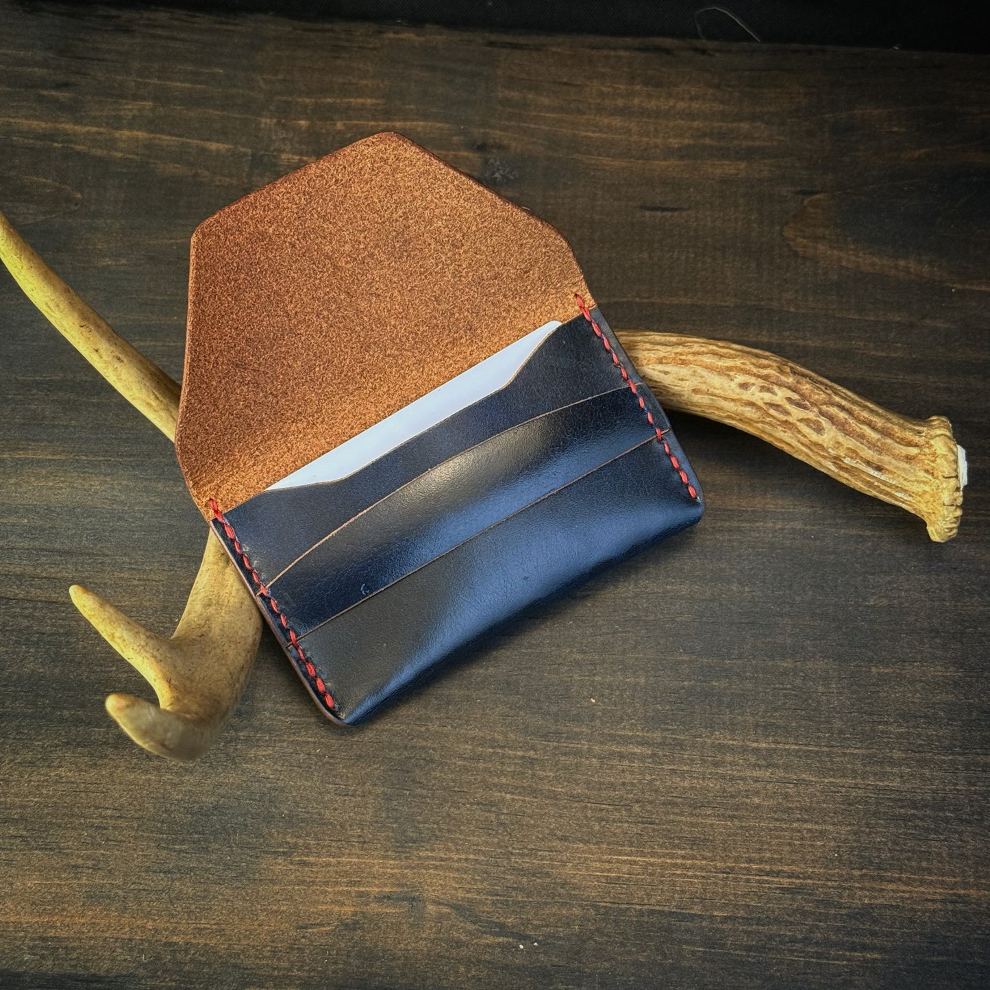 The Hunter Card Wallet Horizontal. Mottled Blue. Red Stitch #101