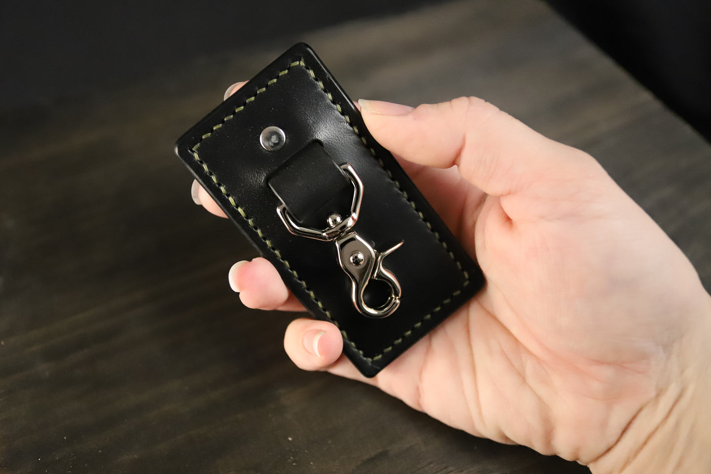 Belt Clip Key Chain. Black. Olive Stitch. 1