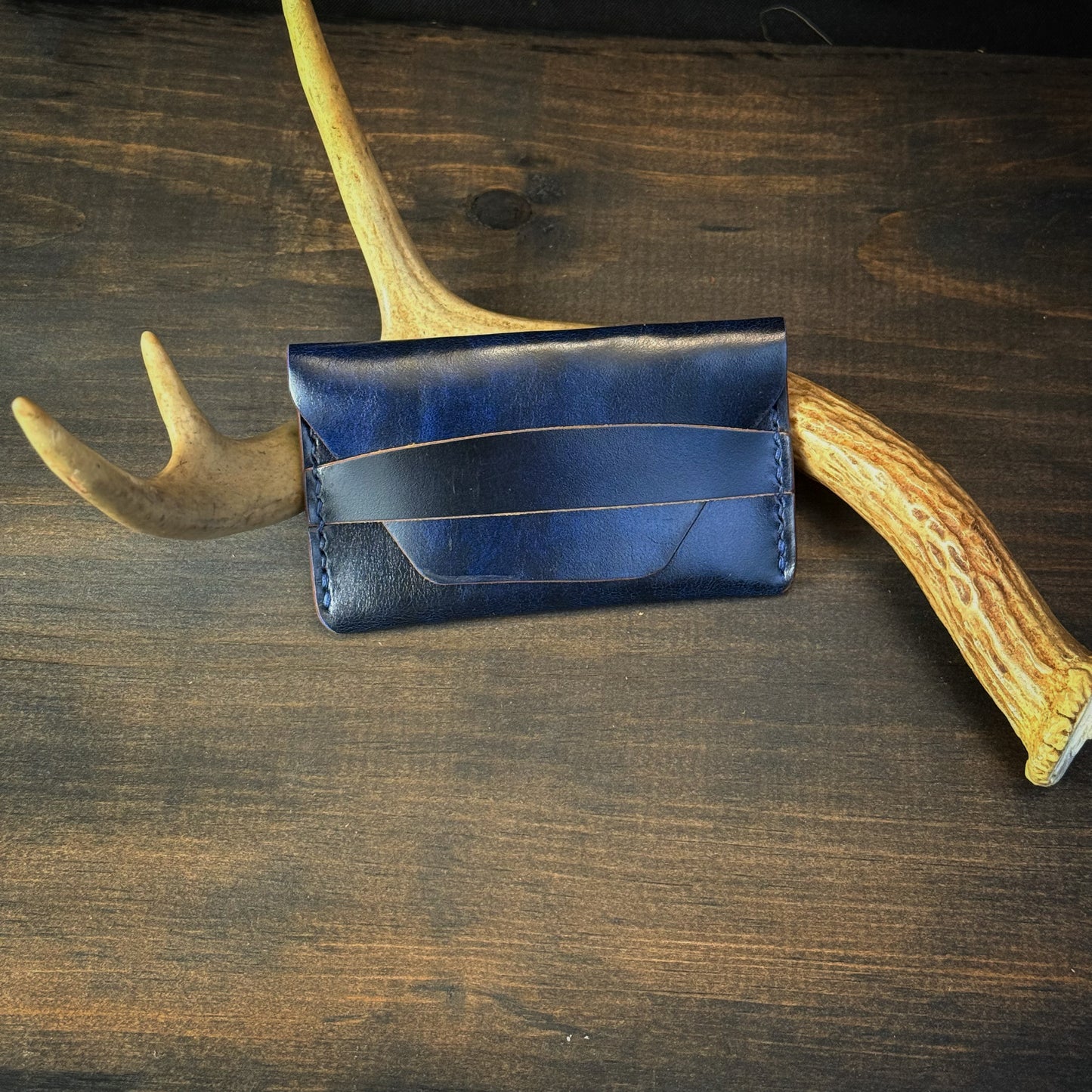 The Hunter Card Wallet Horizontal. Mottled Blue. Blue Stitch #100