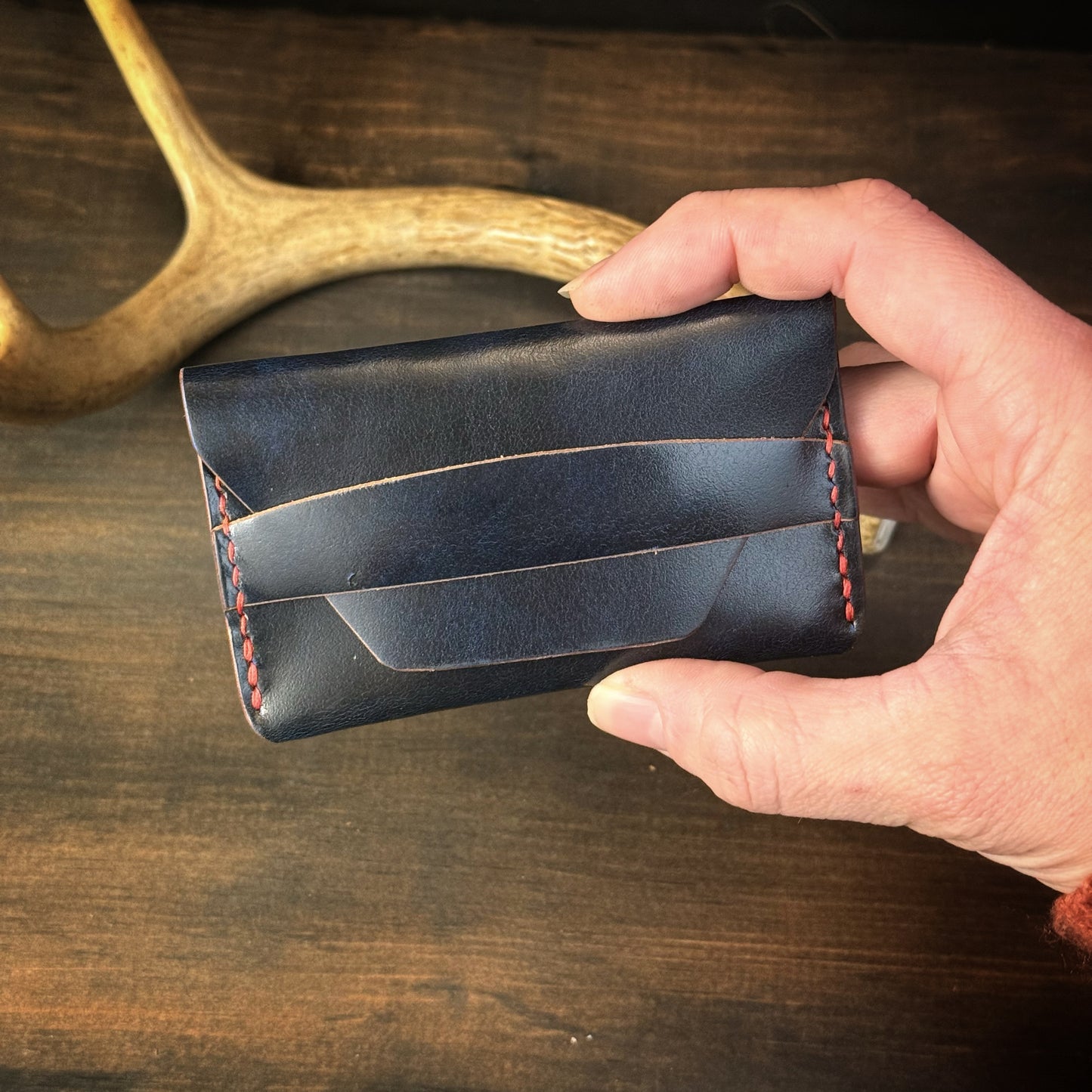 The Hunter Card Wallet Horizontal. Mottled Blue. Red Stitch #101