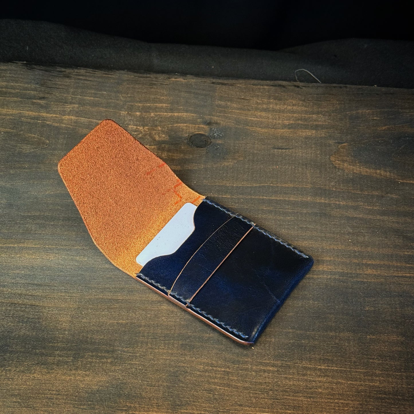 The Hunter Card Wallet Vertical. Mottled Blue. Blue Stitch. #102