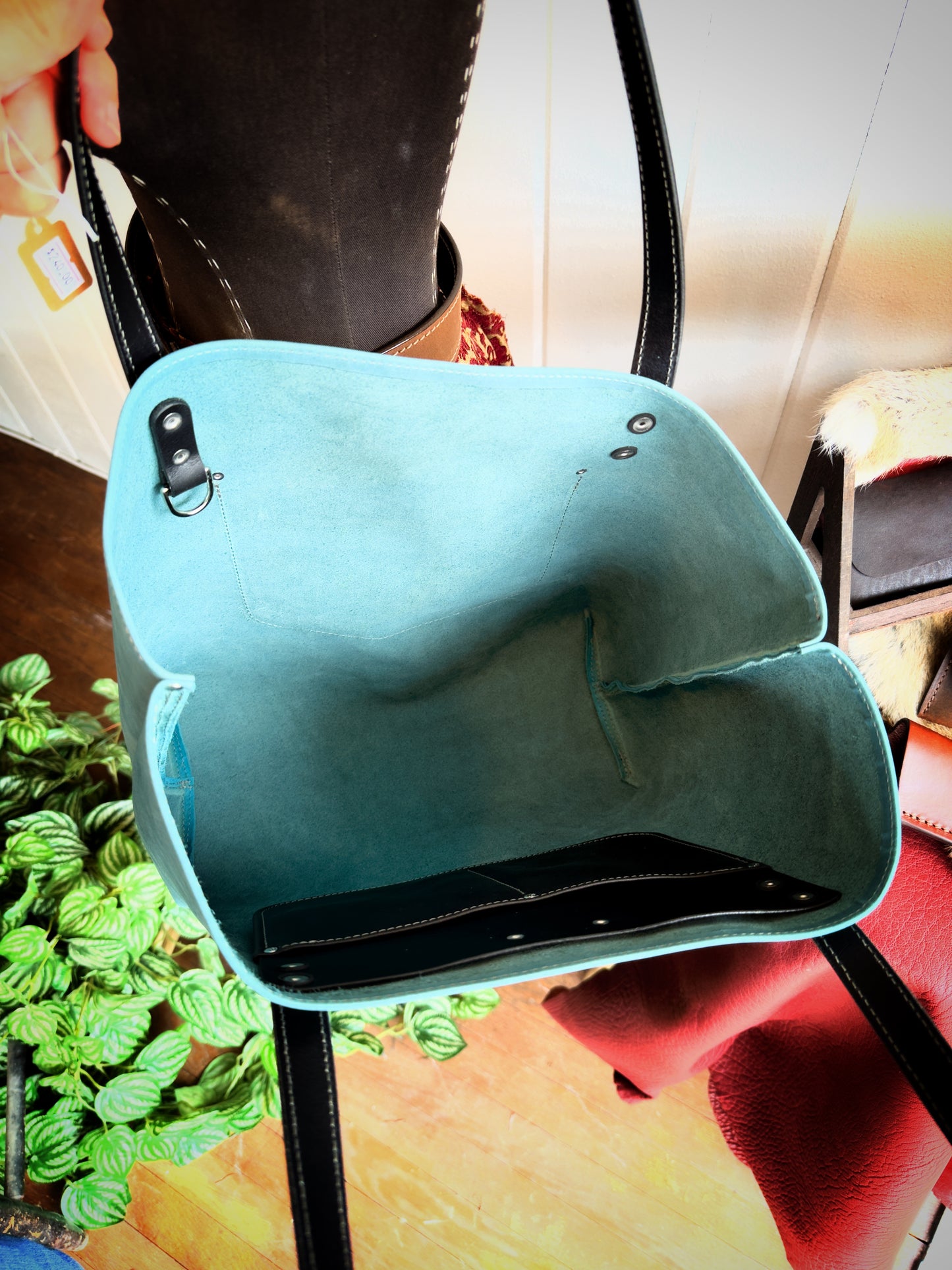 Slate Blue & Black Handcrafted Leather Tote #135
