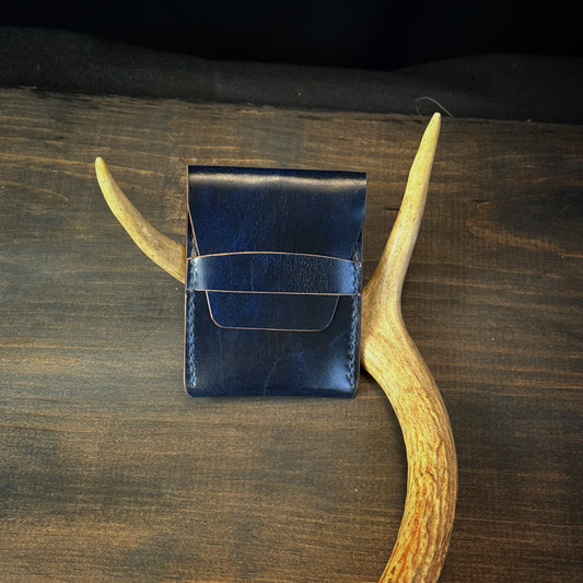 The Hunter Card Wallet Vertical. Mottled Blue. Blue Stitch. #102