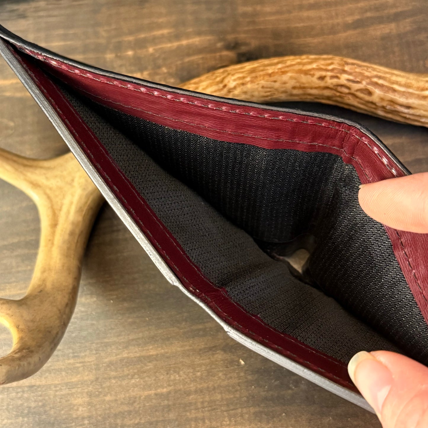 Buster Bifold Wallet. Embossed Croc. Burgundy and Black. Black Stitch. #98