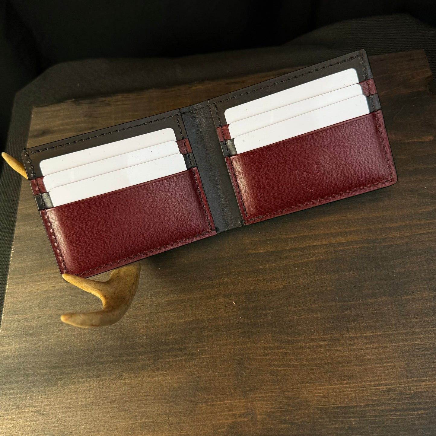 Buster Bifold Wallet. Embossed Croc. Burgundy and Black. Black Stitch. #98