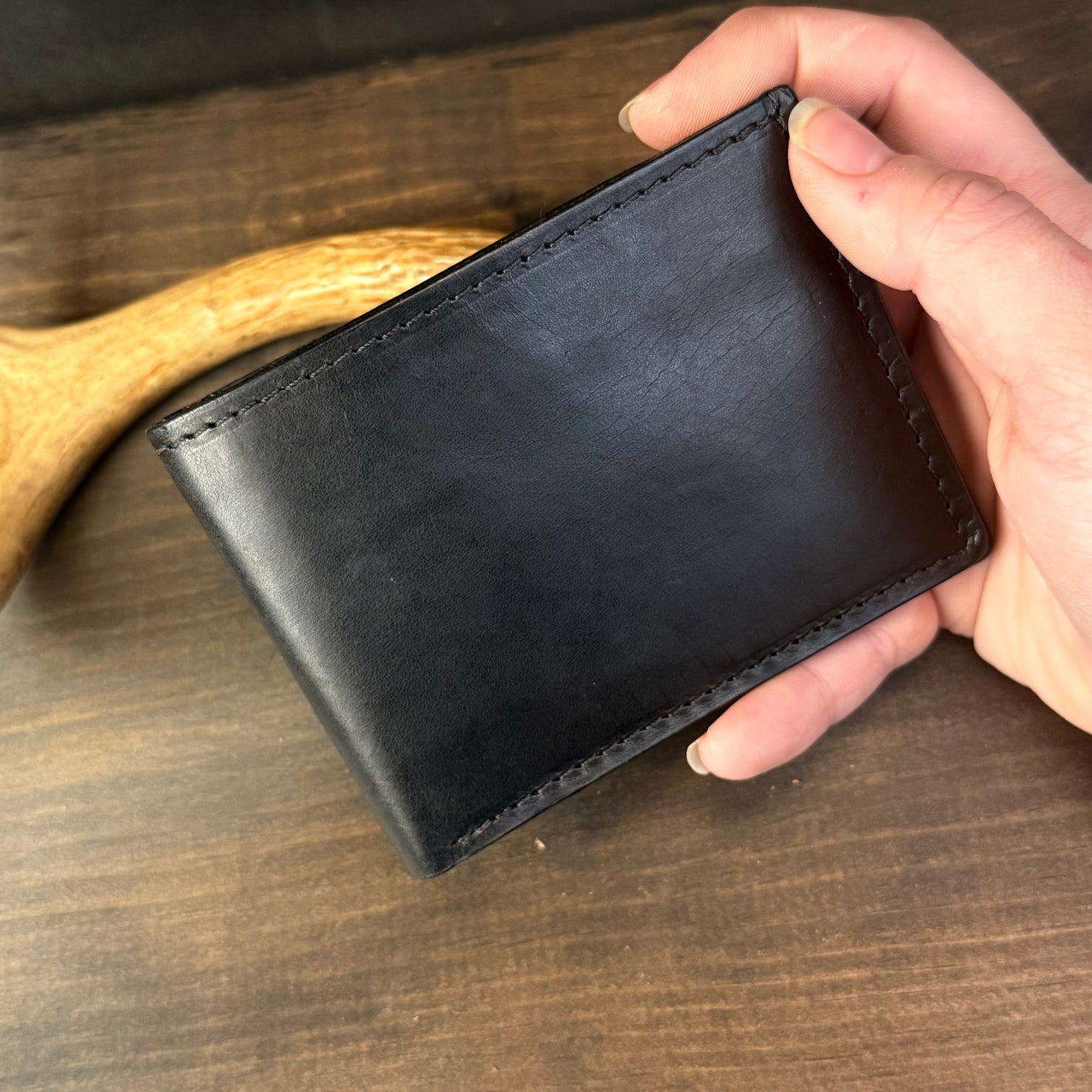 Buster Bifold Wallet. English Bridle Black. Black Interior. Black Stitch. #99