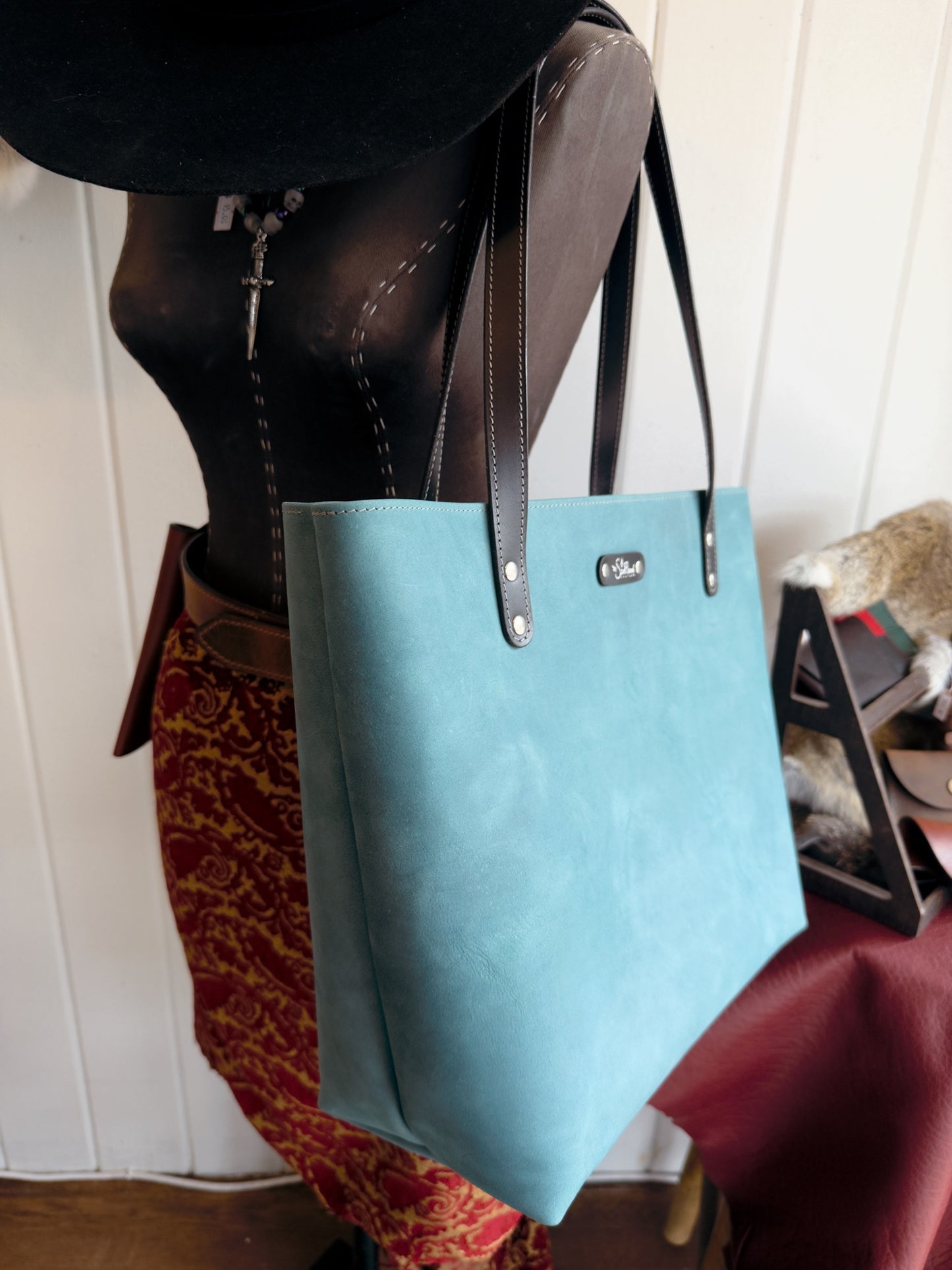 Slate Blue & Black Handcrafted Leather Tote #135