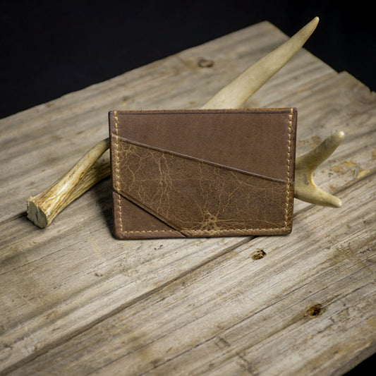 Gomer Card Wallet. Brown with Brown & Wheat Crackle Buffalo. Tan Stitch.