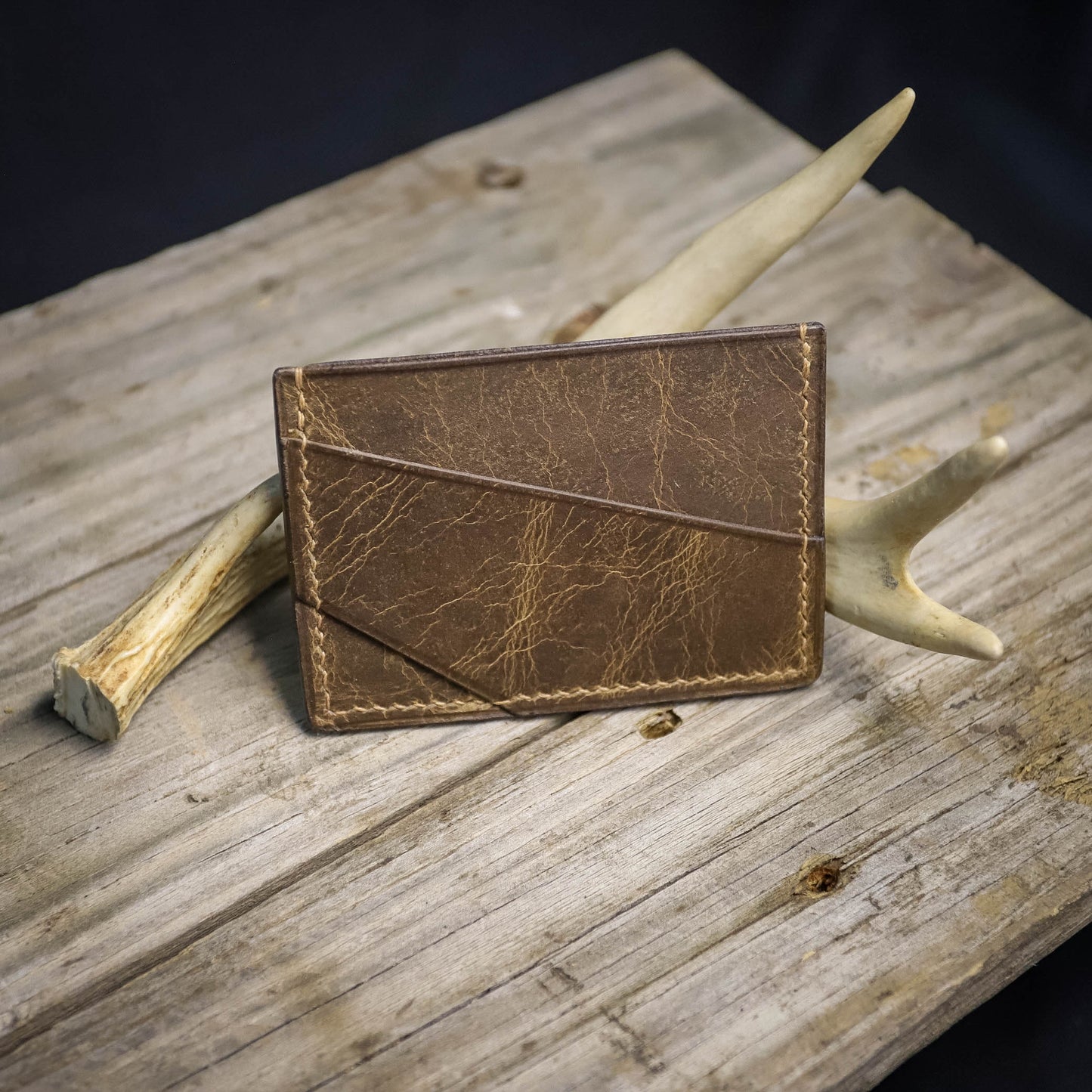 Gomer Card Wallet. Wheat Crackle Buffalo & Brown. Tan Stitch #26