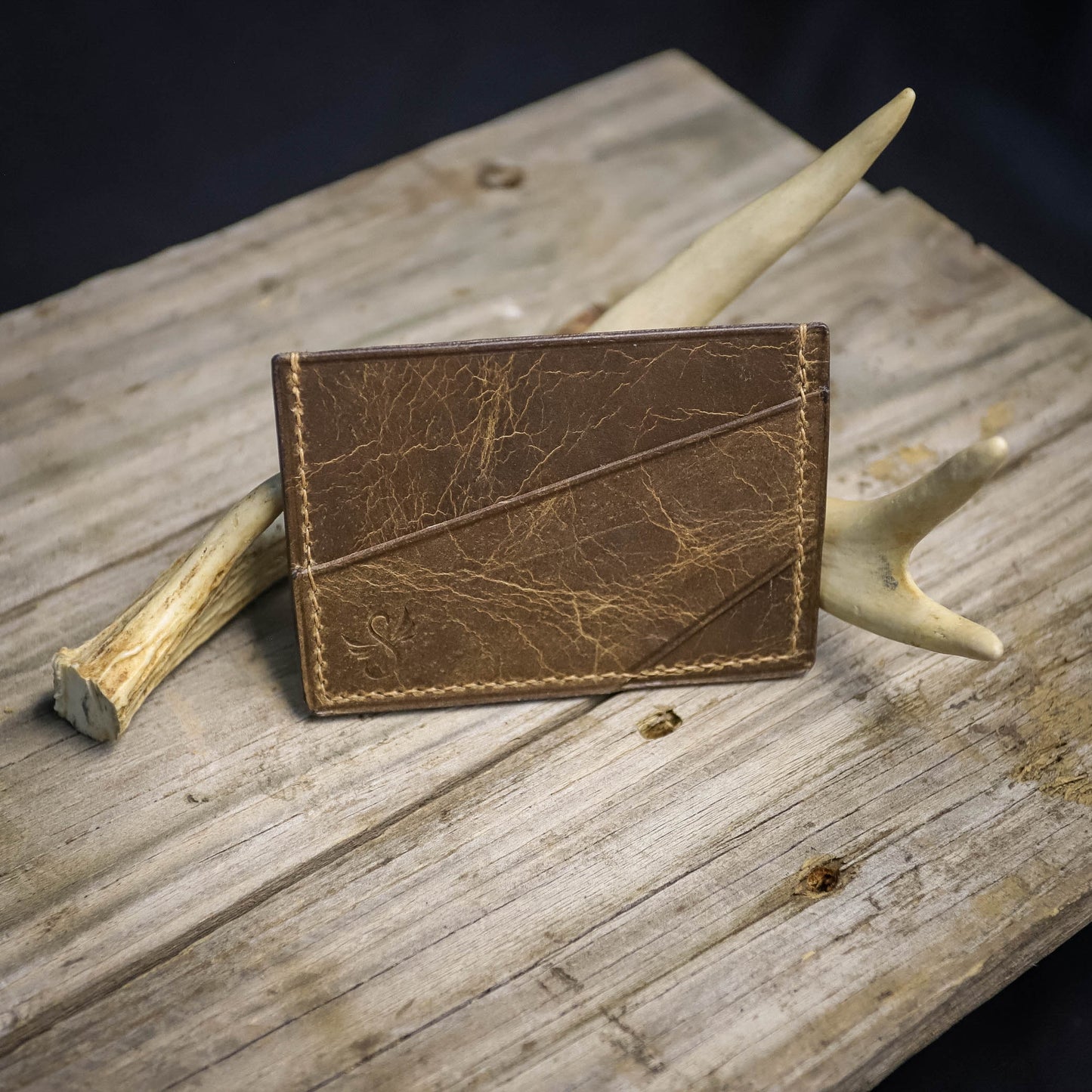 Gomer Card Wallet. Wheat Crackle Buffalo & Brown. Tan Stitch #26