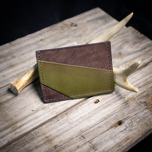 Gomer Card Wallet. Dark Brown Pueblo Leather. Green Buttero. Brown Stitch.