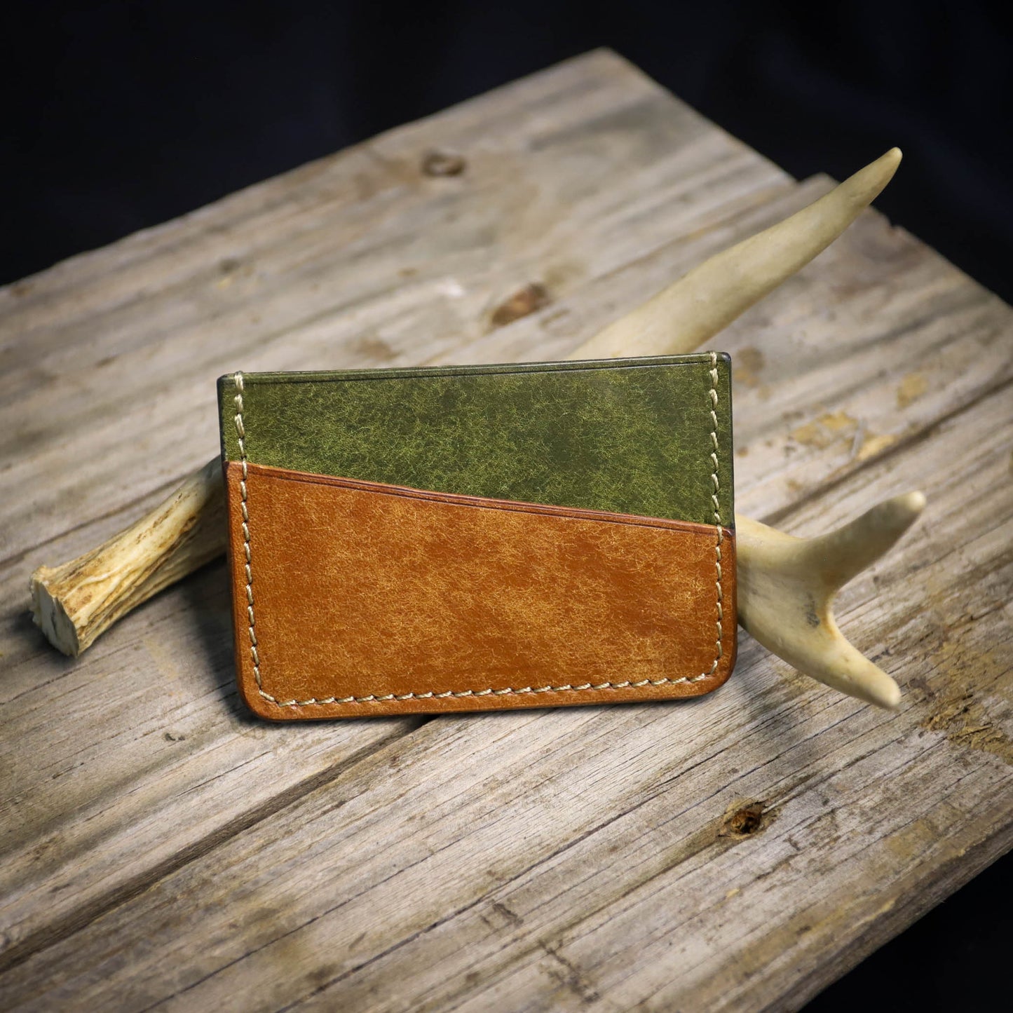 SBL Basic Card Wallet. Pueblo Green and Tan. Cream Stitch. #34