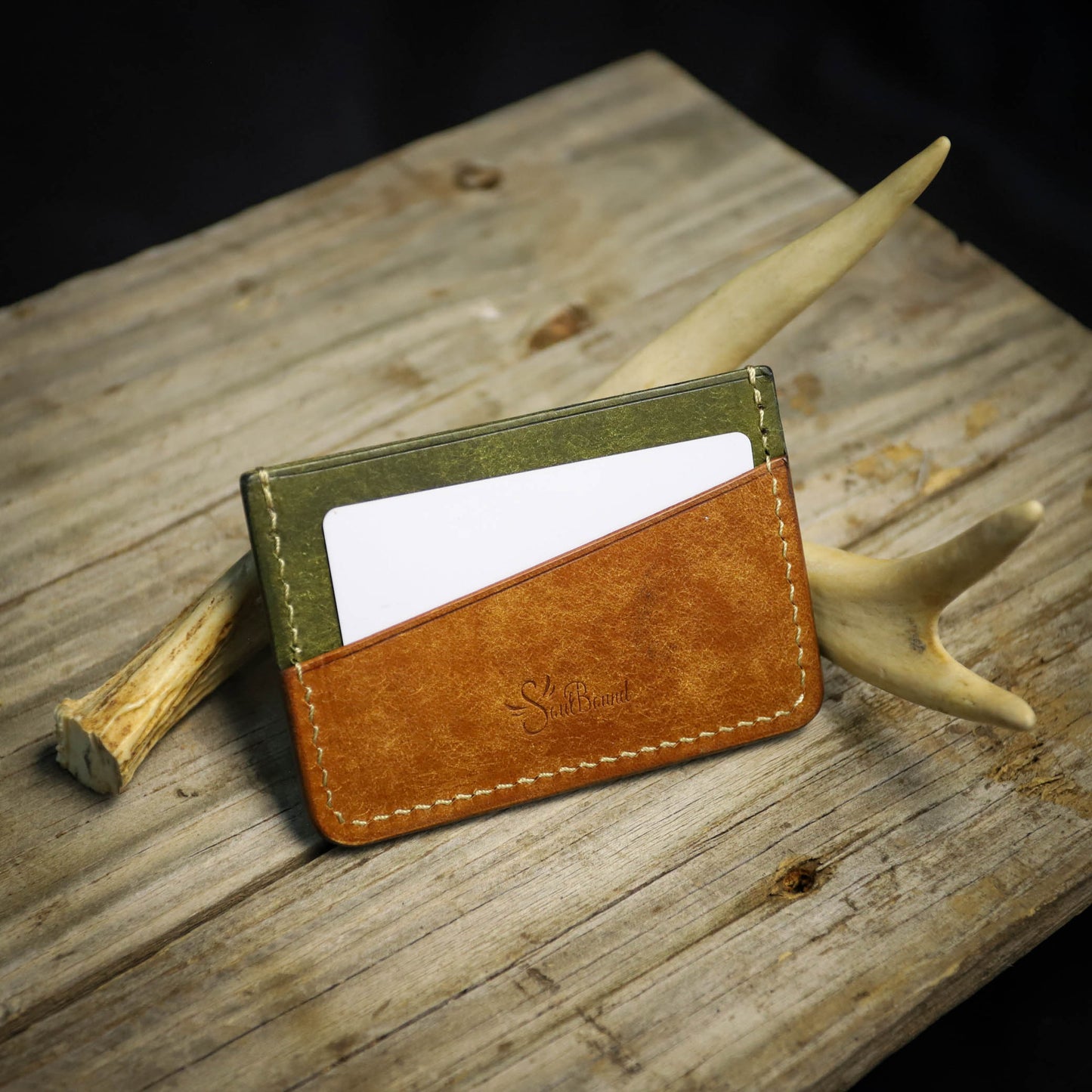 SBL Basic Card Wallet. Pueblo Green and Tan. Cream Stitch. #34