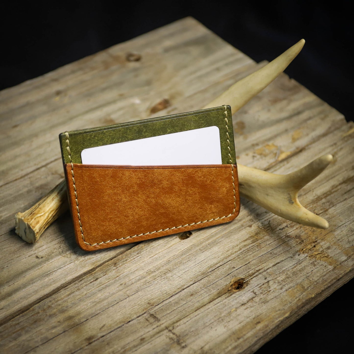 SBL Basic Card Wallet. Pueblo Green and Tan. Cream Stitch. #34