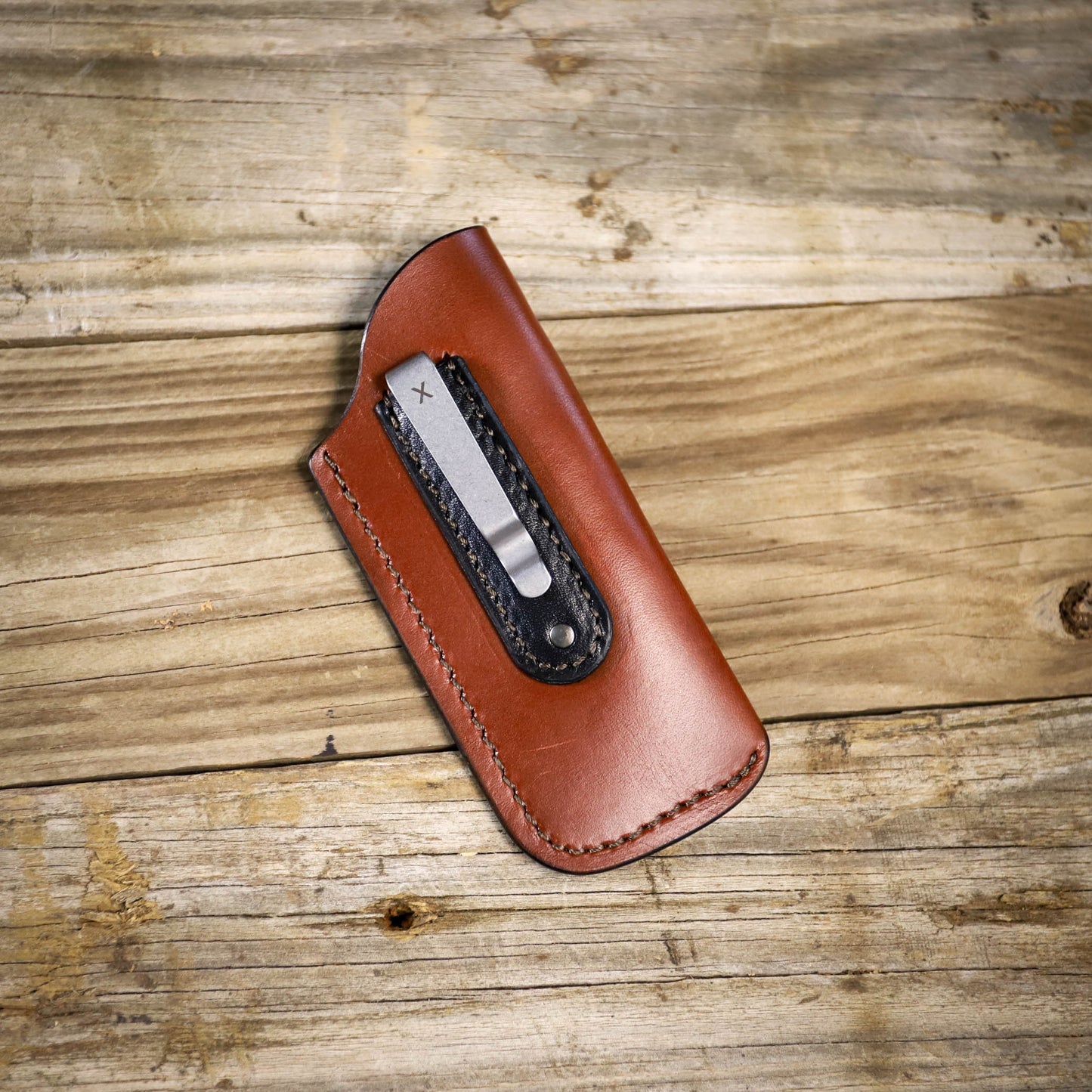 SBL Pocket Sheath. Basic. Large. With Clip. Brown. Black Accent. Brown Stitch.