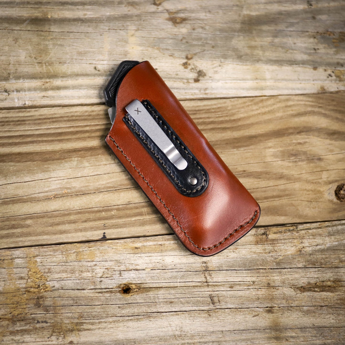 SBL Pocket Sheath. Basic. Large. With Clip. Brown. Black Accent. Brown Stitch.