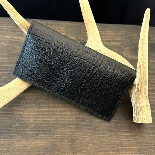 Checkbook Cover. Black Embossed Crocodile. Black Stitch. #143