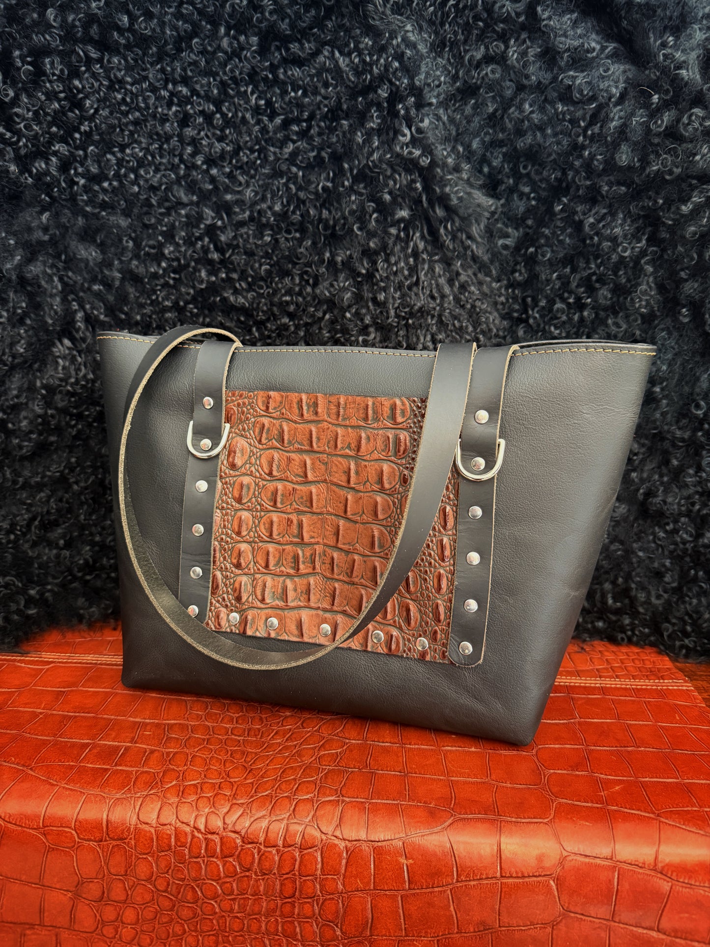 Dustwalker Tote - Small - Black Croc & Nickel