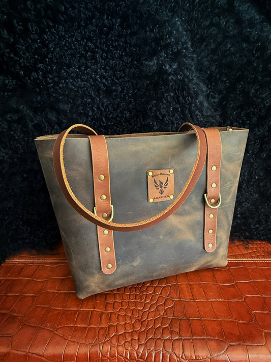 Dustwalker Tote - Small -Dusty Brown Crosshatch (Antique Brass) 214