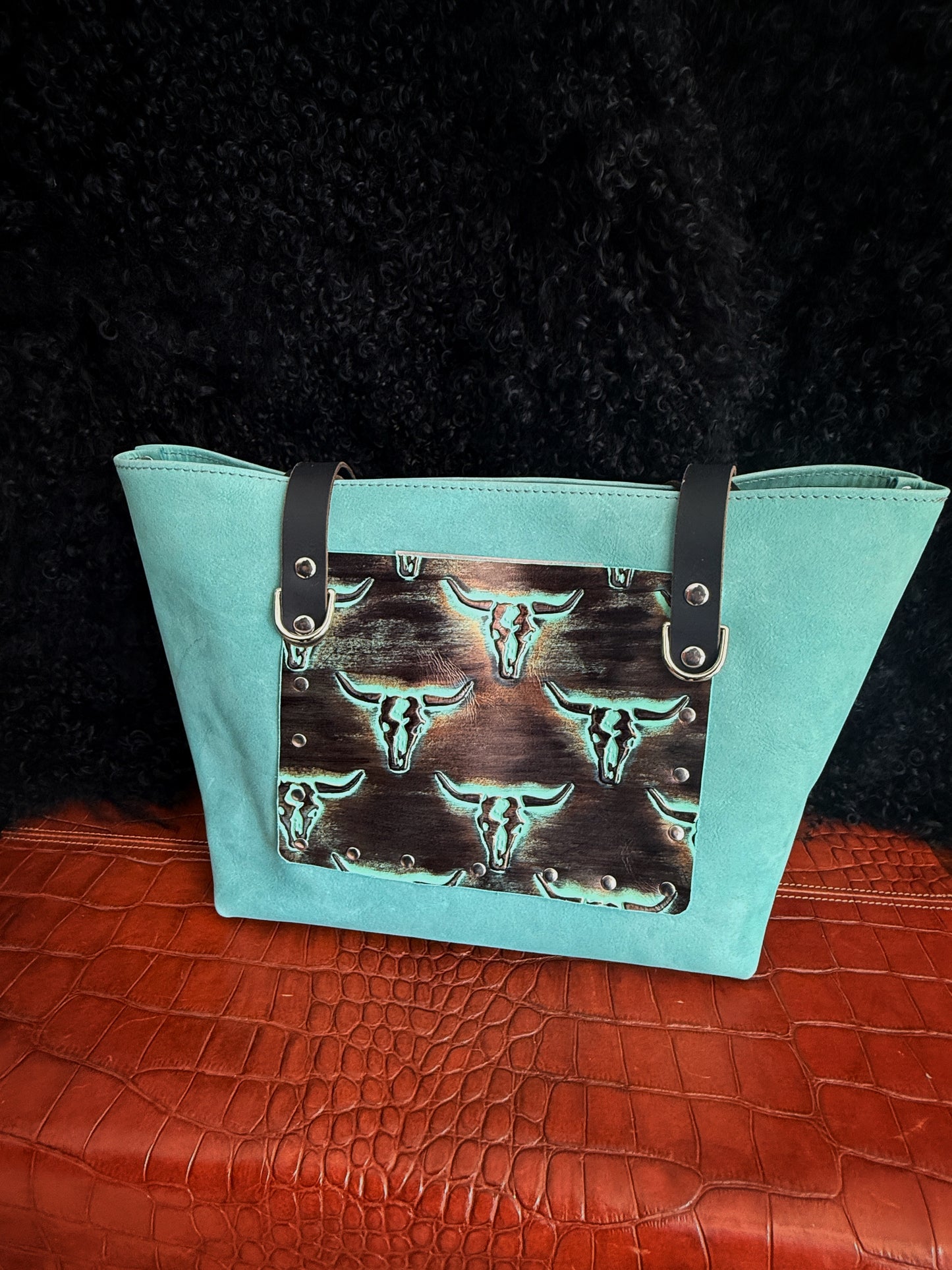 Dustwalker Tote - Small -Turquoise & Black with Skull Pocket 218