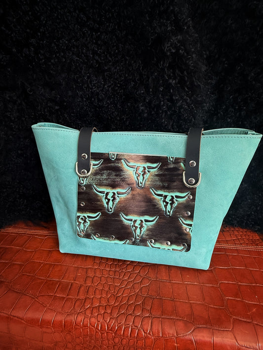 Dustwalker Tote - Small -Turquoise & Black with Skull Pocket 218
